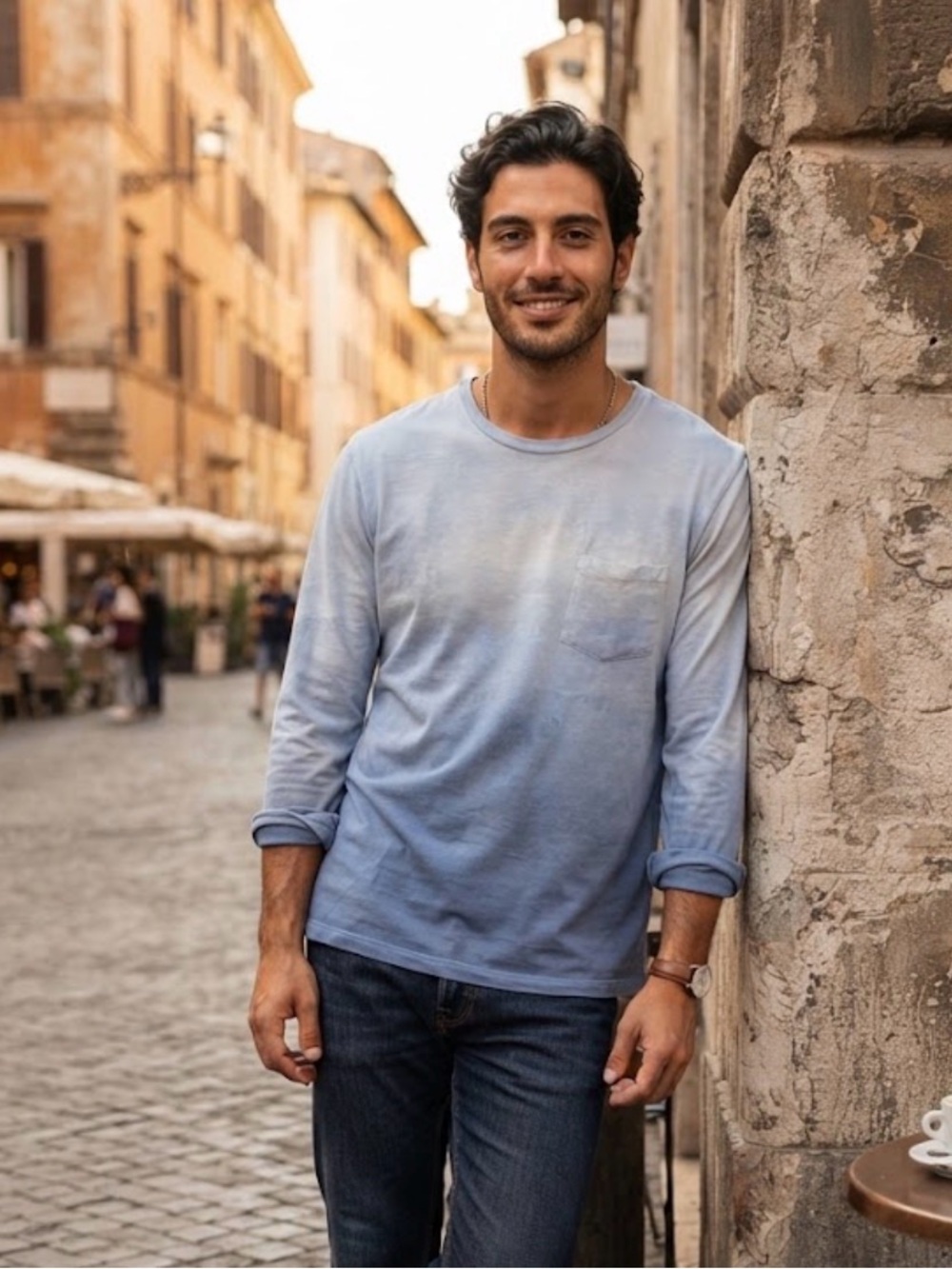 Men's Long Sleeve Dip-Dye Pocket Tee - Blue